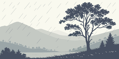 Majestic tree stands tall against a backdrop of rolling mountains and dense forest © jaman