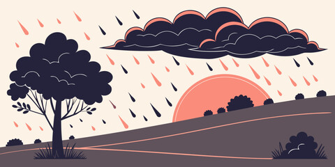 A serene landscape with a setting sun and dark rain clouds on the horizon © jaman