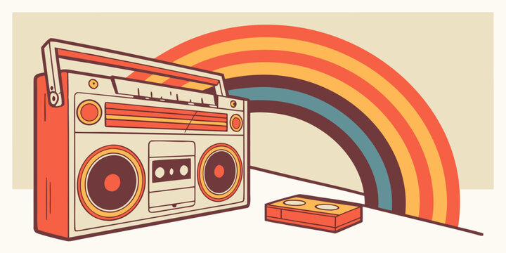 Vintage boombox with rainbow background and cassette tape on the side