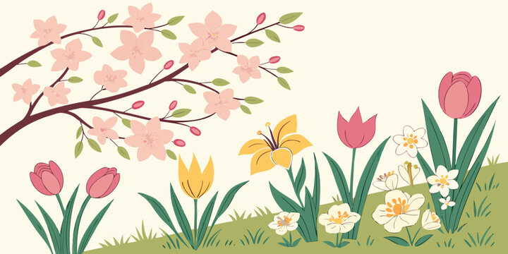 A vibrant spring garden filled with colorful flowers and blooming trees