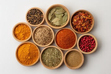 Assortment of spices in small wooden bowls on white background down view assorted spices