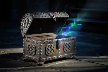 Antique Metal Chest with Celtic Emitting Blue Mystical Smoke on Stone Floor knotwork
