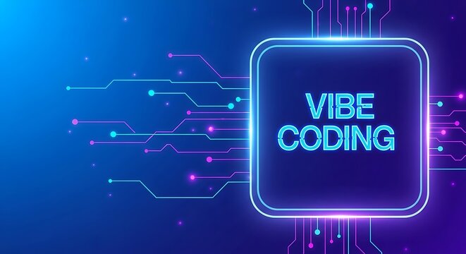 Neon lit vibe coding circuit board with glowing lines and dots on blue background