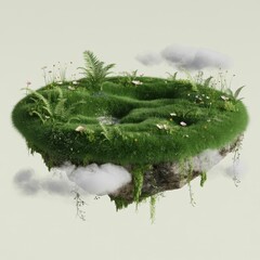 Floating island with lush green grass and colorful flowers in the sky clouds fantasy landscape