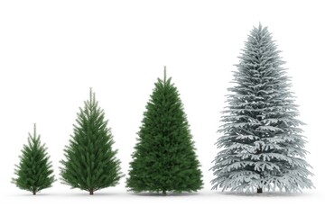 Four isolated evergreen pine trees in different sizes and snow conditions evergreen trees