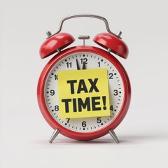 Red alarm clock with yellow tax time note on its face yellow note