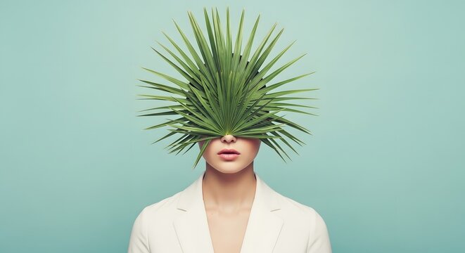 Woman with a plant covering her face surreal portrait