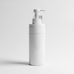 Minimalist white pump bottle with sleek design on neutral background.