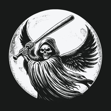 Grim Reaper with Baseball Bat in Front of the Moon.