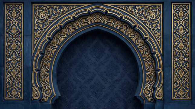 Close up of blue wall with ornate golden Arabic floral patterns and traditional Islamic arch design