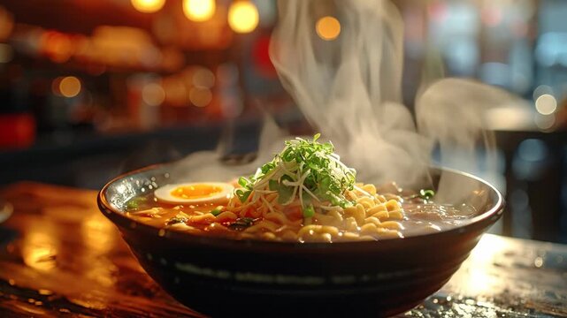Steaming Bowl of Ramen Noodles with Fresh Toppings in Cozy Restaurant.