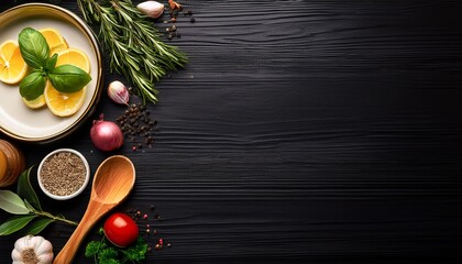 the background of cooking on a black wooden background