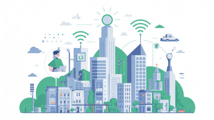 Fototapeta premium Green City Vector Illustration with Eco Friendly Buildings, Renewable Energy Sources, Solar Panels, Wind Turbines, Trees, Clean Environment and Sustainable Urban Development Concept