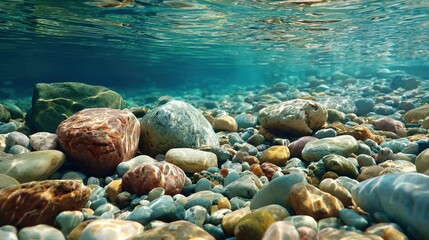Obraz premium Underwater Stone Symphony: An ethereal perspective into a clear underwater world, revealing a mosaic of smooth, rounded stones resting on the riverbed.