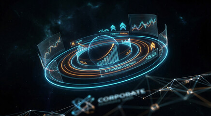 AI powered business growth analytics dashboard with futuristic holographic financial charts