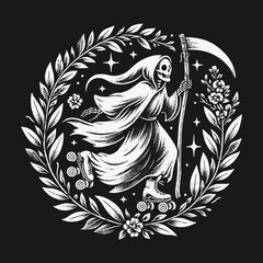 Whimsical Death: Roller Skating Grim Reaper in Floral Wreath.