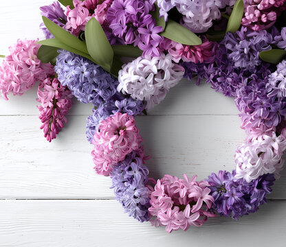 Elegant frame of lilac hyacinths on a wooden background. Minimalistic spring floral frame on white wood.