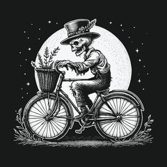 Skeleton Cyclist Under Moonlight: A Whimsical Dark Art Illustration.