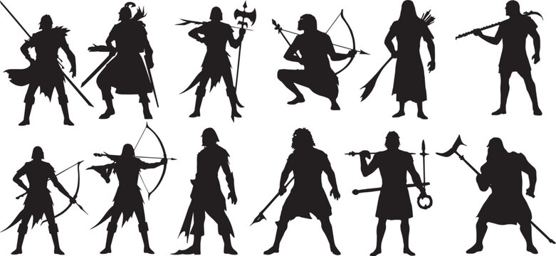 Fantasy warrior silhouette set, Diverse poses of armed warriors sword shield bow axe poses, medieval fighters, fantasy combat characters, ancient warrior design artwork. vector