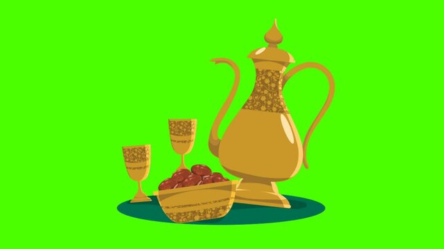 Golden Arabic Coffee Pot, Traditional Cups, and Dates Against Green Screen
