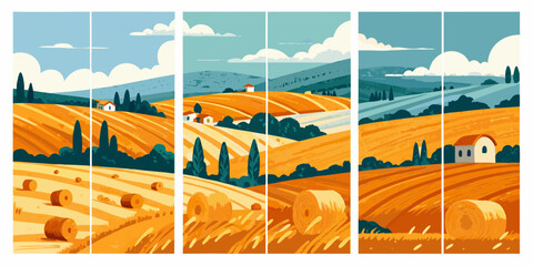 A triptych depicting a golden rolling landscape with hay bales © Arabinda