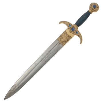 A decorative sword with a gold and blue handle gold sword hilt isolated on a transparent background