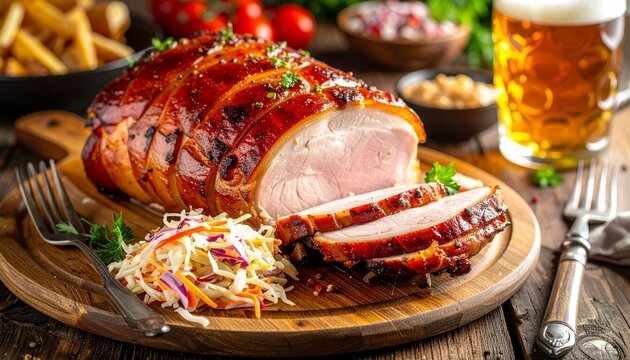 Spanferkel mit Krautsalat auf Holzbrett