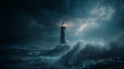 Lighthouse is in the middle of a stormy sea