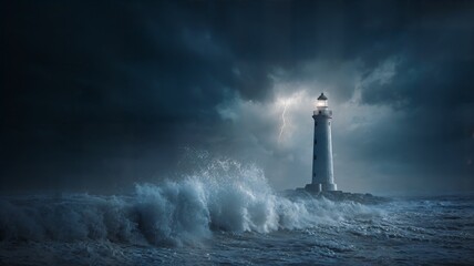 Lighthouse is on a rocky shore in the middle of a storm