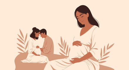 Obraz premium Expectant mother sitting with family members in a serene environment from a front viewpoint