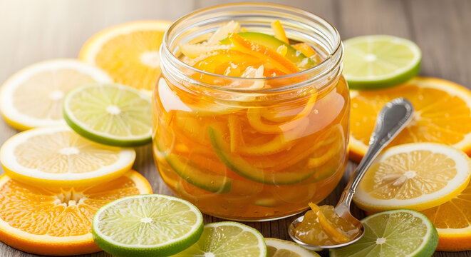 A jar of orange marmalade surrounded by sliced oranges and lemons on a wooden table, viewed from above