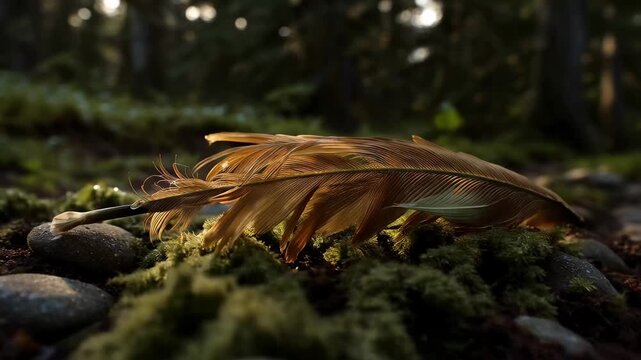 Golden feather rests on moss among stones in forest at sunset in a quiet natural setting