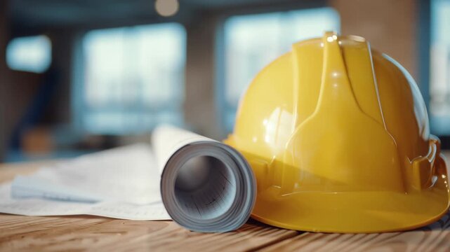 Yellow hard hat with rolled blueprint and construction helmet wooden table symbolize digital literacy safety and planning building projects innovation