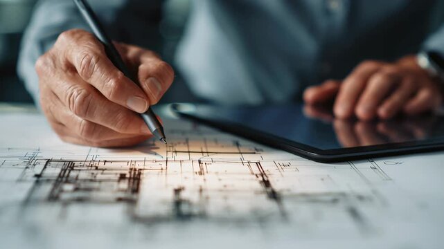 Architectural plan digital tablet industry drawing hand design concept enhancing digital literacy skills for precise and innovative design work