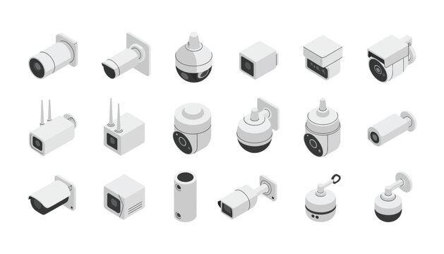 Isometric security systems collection, digital cctv cameras for face recognition, indoor outdoor monitoring, street surveillance, protection technologies, and flawless vector elements