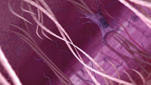 Destruction of fibroblasts, collagen, and elastin fibers of aging skin. 3D animation