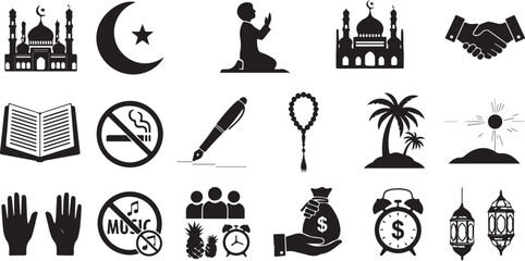 Obraz premium Set of islamic icons, cultural elements, mosque, crescent moon, prayer, handshake, book, no smoking, pen, rosary, palm tree