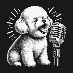 A charming Bichon Frise serenades with vintage microphone.