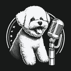 Bichon Frise Dog Sings into Vintage Microphone Illustration.