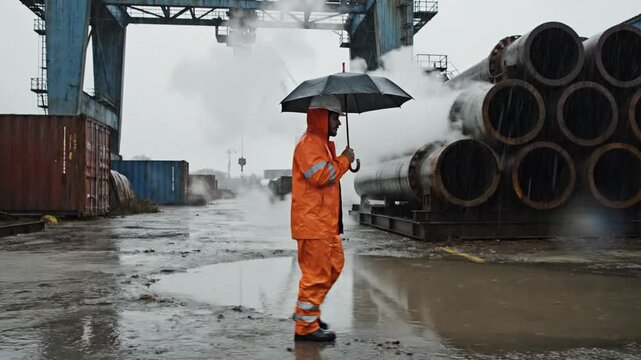 Determined worker in orange rain gear standing with a black umbrella in a gritty industrial port setting with pipes and containers.