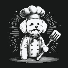 Whimsical Dog Chef Illustration: Culinary Canine in Kitchen Attire.
