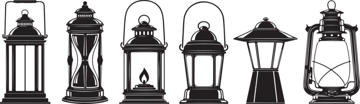 Set of vintage lanterns silhouettes black old fashioned oil lamps collection antique lighting equipment vector icons for night design