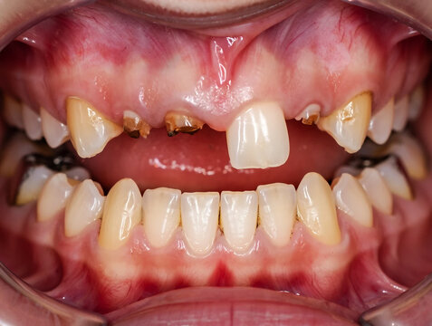 Close up of unhealthy human teeth with decay and missing enamel mouth dental