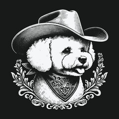 Charming Cowboy Dog Portrait with Bandana and Floral Wreath.