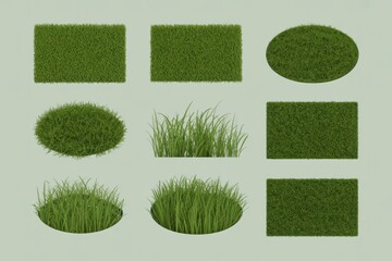 Collection of green grass shapes on light green background nature lawn field