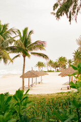 Fototapeta premium Tropical beach with white sand, coconut palms, and straw umbrellas