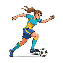 Female soccer player kicking ball in motion, isolated on transparent background