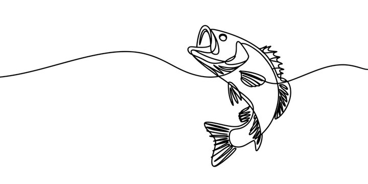 Minimalist continuous line drawing of a bass fish jumping through a single wavy water surface.