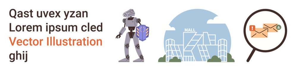 Obraz premium Robotics, urban development, email communication, futuristic design, technology integration, data analysis. A robot, modern cityscape and email under magnifying glass. Robotics and urban development