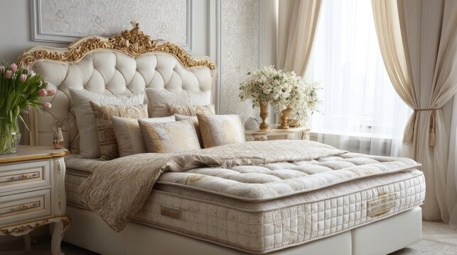 A luxurious bedroom with a white and gold bed, adorned with elegant pillows and a decorative headboard, set against a white and gold wallpapered wall with a large window and curtains.